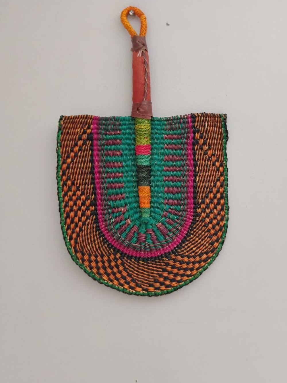 Bolga Elephant Grass handmade Fan with leather handle